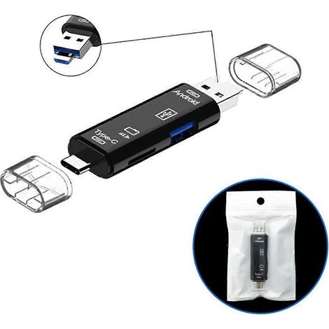 Lecteur de cartes 3-en-1 avec fonction OTG, compatible USB 2.0/Type C/Micro-USB, noir (1/5)