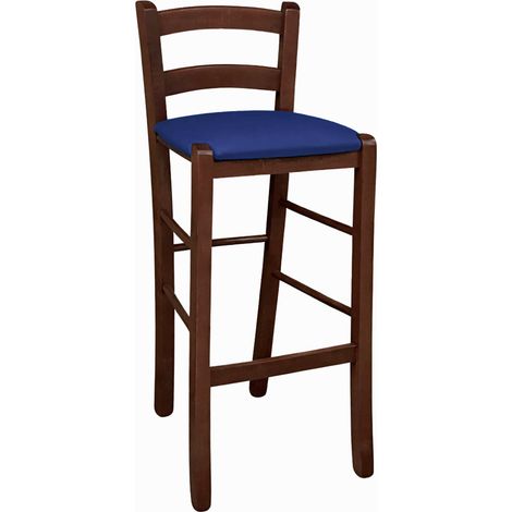 Sgabello in legno noce scuro h 67 cm con seduta imbottita in similpelle blu