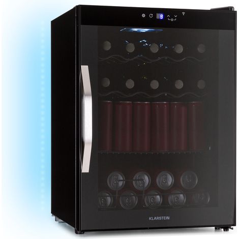 Klarstein Coachella 60 Getränkekühlschrank - 60 L Getränkekühler mit WLAN, Glastür, LED-Beleuchtung, 3-18 °C, 3 Metallablagen, Balanced Light, Energieeffizienz E, Schwarz