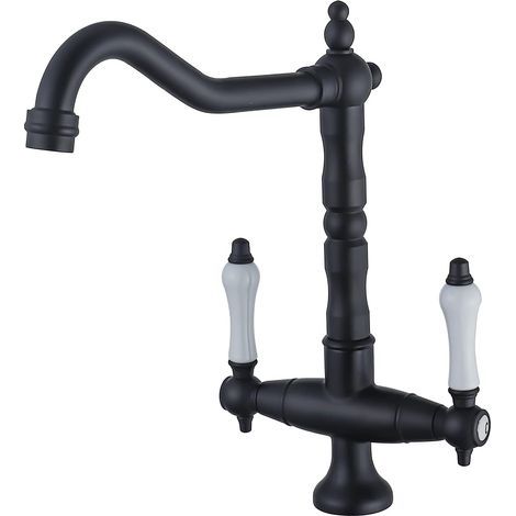 Grifo de cocina S-giant Retro Negro - Grifo mezclador de cocina de dos manijas - Giro de 360° - Grifo para fregadero de cocina - Caño alto de latón de alta presión (1/5)