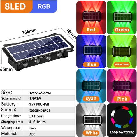(2 lampes solaires murales RGB 8 LED) Lumière chaude extérieure, étanche, éclairage ascendant et descendant, décoration pour balcon, cour, jardin et mur extérieur (1/5)