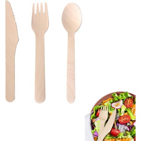 Set di posate monouso in legno Impatiens da 300 pezzi, posate in legno biodegradabili, ecologiche, per campeggio, barbecue (100 forchette, 100 coltelli, 100 cucchiai) (1/5)