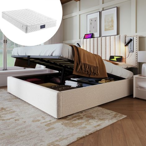 Polsterbett 160x200,Doppelbett Stauraum Bettkasten ,Leselicht mit USB Ladefunktion Kopfteil,Rückenlehne mit Nietendesign,Bett mit Lattenrost und Bettkasten, Baumwolle, Beige(Mit Matratze)