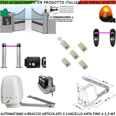 Cancello Automatico Kit Motore a Braccio Articolato 220/24 V Anta da 0,5 a 2,5 MT Elettroserratura 5 Radiocomandi Faro Selettore 2 Paline 2 Foto (1/4)