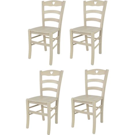 Tommychairs - Set 4 sedie modello Cuore per cucina bar e sala da pranzo, robusta struttura in legno di faggio verniciata in anilina bianca e seduta in legno