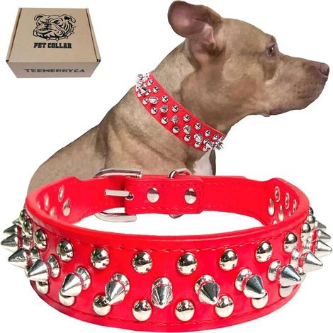 Collier de chien en cuir avec pointes pour chiots, animaux domestiques de petite et moyenne taille, bouledogue, fille, rouge (L)