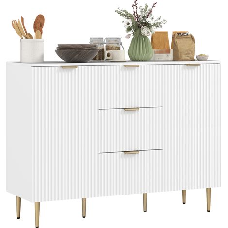 Mobile contenitore da cucina con 3 cassetti, ripiani regolabili, ante scanalate, 120 x 40 x 90 cm, bianco