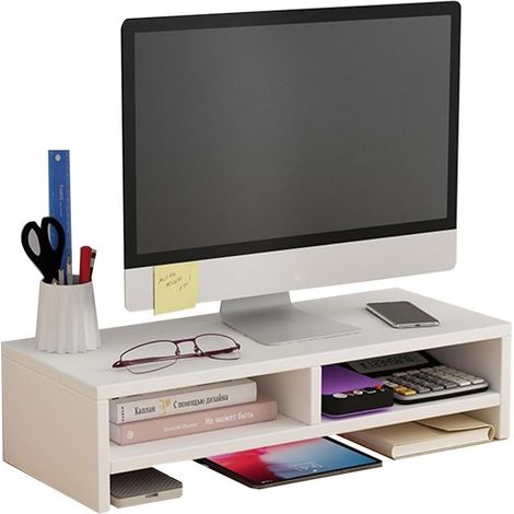Wooden Monitor Stand, Desktop Storage, Computer Monitor Riser, Desk Organizer, Multifunctional Monitor Shelf with Storage Compartment, White, Double-Layer (1/5)