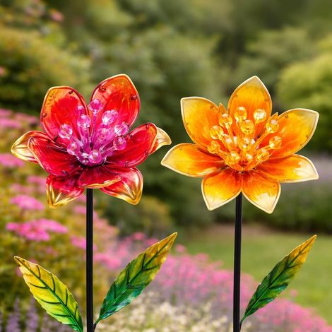 Solar Flower Lights Set of 2 Glass Solar Garden Stake Lights, LED Outdoor Decorative Lights for Pathways, Borders & Lawn