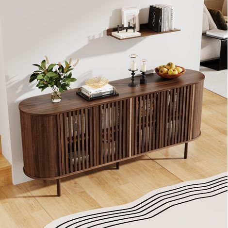 Buffet bahut 160 x 40 x 70 cm en MDF bois foncé, 4 portes coulissantes perforées, étagères réglables, pieds en métal noir, rangement pour salon, salle à manger ou entrée – CHICFURN (1/5)