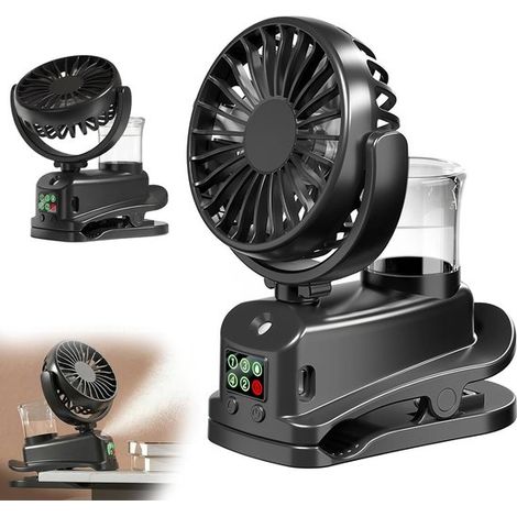 Mini ventilador USB con clip，mini humidificador recargable con función de vapor，4 velocidades de viento，escritorio y oficina (negro) (1/5)