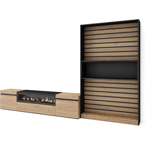 Skraut Home - Muebles de Salón para TV, Conjunto de muebles comedor, 310x186x35cm, Para TV hasta 80", Chimenea eléctrica, Estilo Moderno, Roble y negro (1/5)