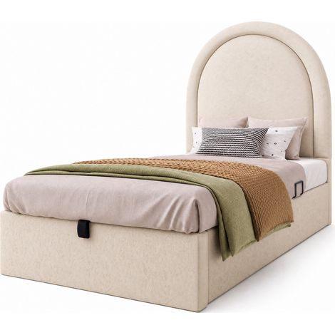 Lit enfant 90x200 avec tête de lit arceau beige, coffre de rangement hydraulique, revêtement cuir régénéré et motif cosmique, pour chambre fille ou garçon  CHICFURN (1/5)