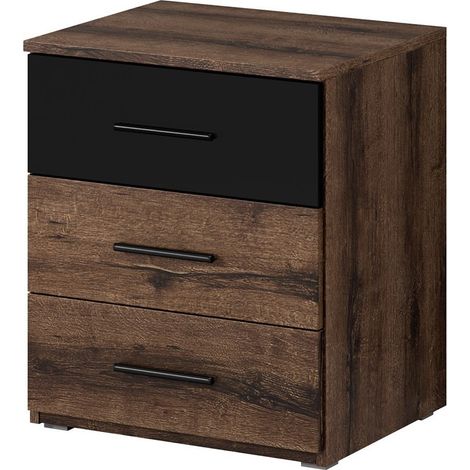 Comodino a tre cassetti, collezione EOS. Colori rovere scuro e nero.