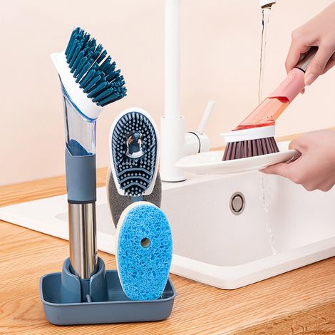 Spazzola per piatti verde con dispenser di sapone, spugna in silicone, manico in acciaio inox, 4 testine di ricambio (lunghe)