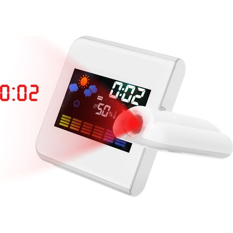 Horloge LED à projection intérieure, thermomètre, hygromètre, prévisions météo, fonction snooze, calendrier perpétuel, blanc (1/5)
