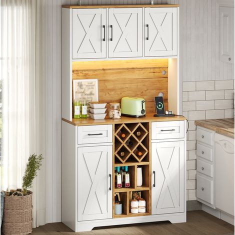 Credenza alta multifunzionale 105x40x180 cm, con 2 cassetti, portabottiglie estraibile, LED RGB, MDF, naturale bianco (1/5)