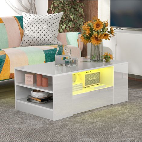 Tavolino da salotto LED bianco lucido con 2 cassetti e 2 ripiani, 95x53x37 cm DESVIAE (1/5)