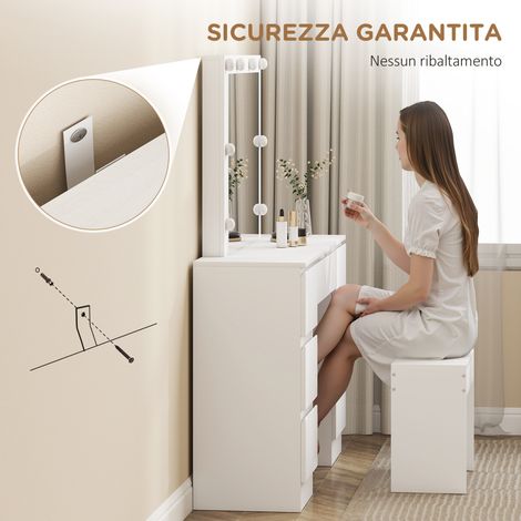 Coiffeuse Hollywood blanche avec miroir lumineux LED 8 ampoules, 7 tiroirs de rangement, tabouret rembourré inclus (1/5)