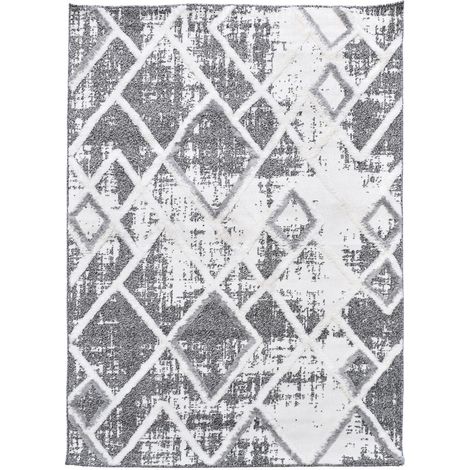 Tapis longs poils shaggy 120x170 gris et blanc tissé rectangle
