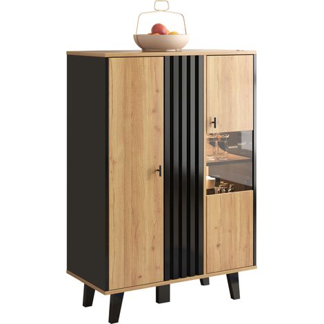 Vetrina con ante in vetro e LED, mobile contenitore in legno e nero con 2 ante, 3 ripiani e design moderno per soggiorno o sala da pranzo  CHICFURN (1/5)
