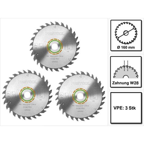 3x Hoja de sierra circular universal Festool W28 160 x 2,2 x 20 mm 160 mm 28 dientes ( 496302 ) TS TSC ATF AP