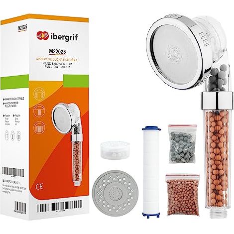 Ibergrif Soffione Doccia con Filtro Anticalcare 3 Strati - Alta Pressione, 3 Modalità, Risparmio Idrico, Compatibile con Tutti gli Standard, M22025 (1/4)