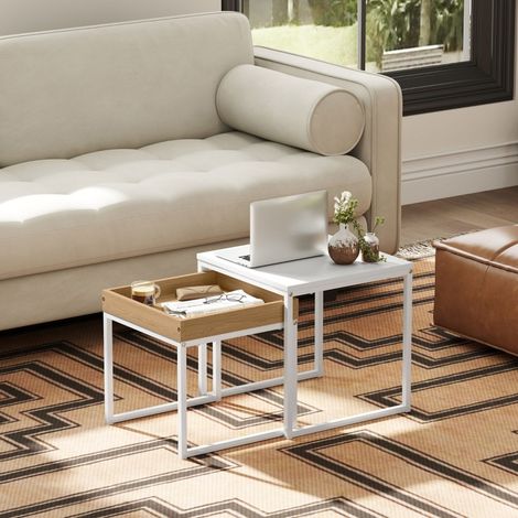 Tables basses gigognes carrées mdf blanc métal lot 2 petits espaces (1/5)