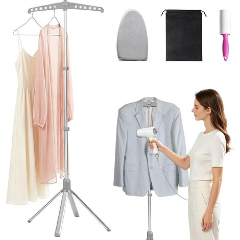 Support vapeur pour vêtements, gris, avec anti-peluches, pliable Pour défroisser inclut sac de rangement. (1/5)