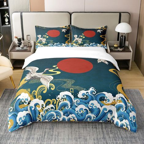 Ukiyo - e Japonais Coton Housse de Couette Super 140x200cm Hokusai Motif Enfants décorer Housse de Couette avec Literie Set Grue Literie Set Femelle mâle Adolescents Wave Modèle - 140 x 200 cm + 1 tai (1/5)
