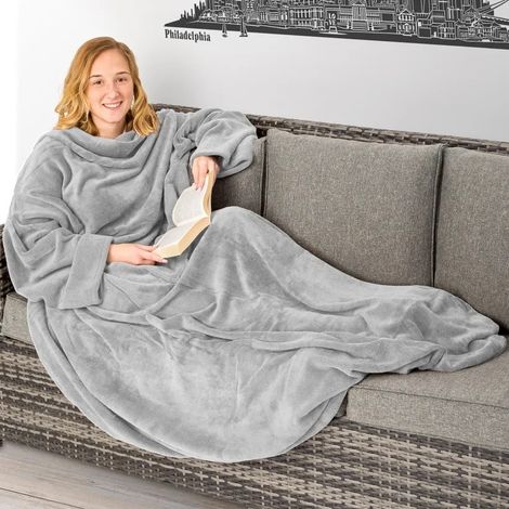 Grand Plaid Polaire 200 cm à Enfiler Avec Manches : Gris 200 X 170 cm (1/5)