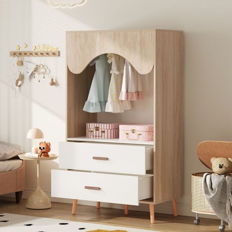 Armoire enfant 80 x 46 x 141,5 cm – Blanc et bois naturel, penderie, tiroirs, portes ouvertes, poignées bois massif – Fonctionnalité et charme authentique (1/5)