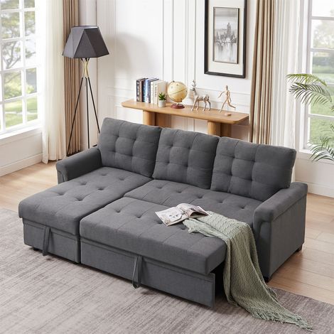3 Seater Sofa Bed Corner Couch Sectional Settee Sleep Reversible Storage Chaise - Light Grey Linen (1/5)
