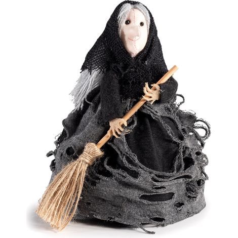 Befane / streghe decorative epifania / halloween in stoffa con la scopa da appoggiare, set da 6 pezzi, Ø 10 cm x 16 H