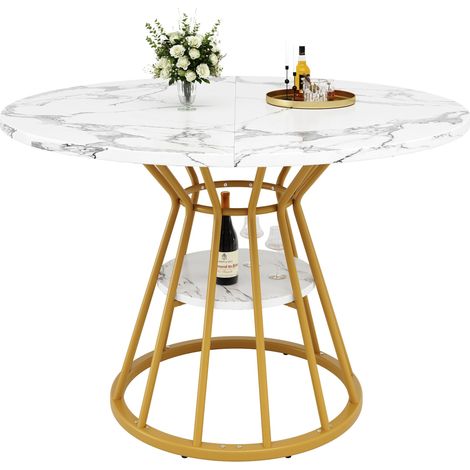 Tavolo Rotondo 100x100x76 cm, Gambe Metalliche Regolabili, Piano MDF Effetto Marmo, Struttura MDF e Metallo, Dorato (1/5)