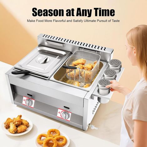 Double Friteuse à gaz avec 2 paniers, Friteuse au propane en acier inoxydable, Plage de température 50-380 °C, Friteuse à gaz avec 3 verres à épices pour les ménages, restaurants, stands de (1/5)