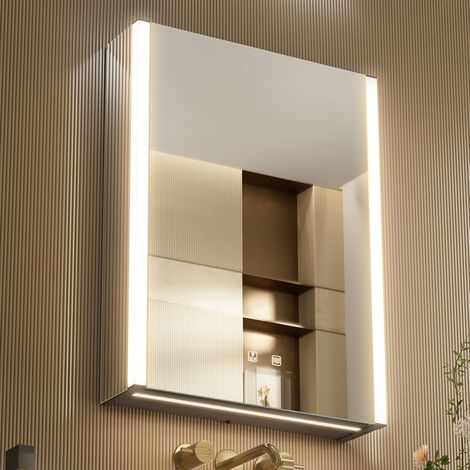 LED éclairage Salle de Bains Armoire à Pharmacie avec Miroir, Température de Couleur réGlable, Anti - Buée Gradateur, Prise et USB, Armoire à Pharmacie Miroir Mural (Charnière gauche-55×70) (1/5)
