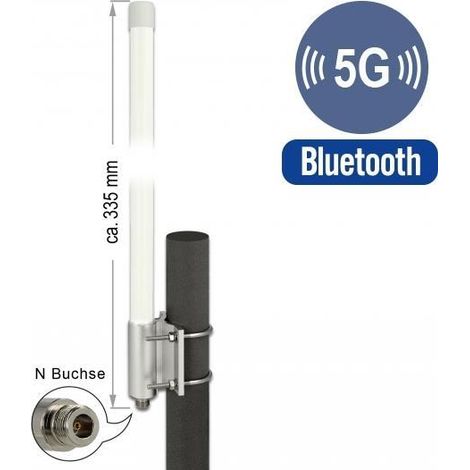 Delock Antena 5G LTE hembra N -2,14 - 2,93 dBi 33,5 cm con soporte fijo de pared y montaje en poste omnidireccional para exteriores blanco (1/3)