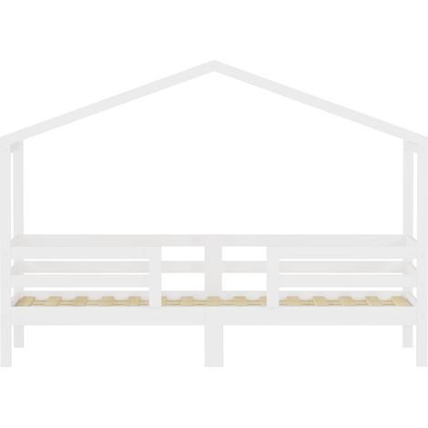 Kinderbett Hausbett 90x200 cm aus massiver Kiefer für Jungen und Mädchen, Hausdach Design, dreiseitiger Rausfallschutz, Kiefer-Lattenrost inklusive, ohne Matratze, Farbe Weiß,DE603090WT (1/5)