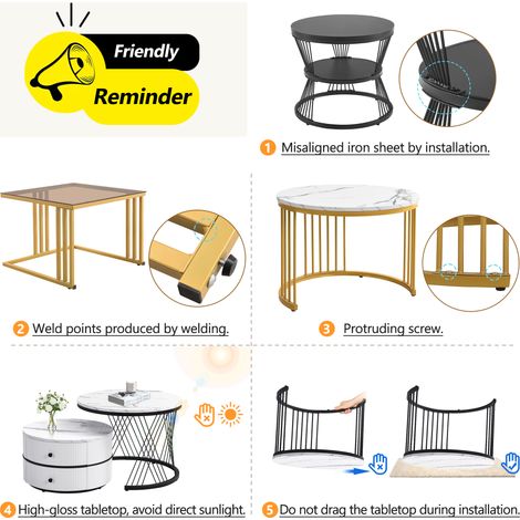 Set de 2 tables basses blanches effet marbre, avec pieds réglables, 60 x 60 x 45 cm et 45 x 45 x 40 cm, pour salon et séjour (1/5)