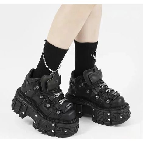 Women's Platform Biker Boots Square Toe Lace Up Motorcycle Boots Black Metal Combat Goth Booties (1/5)