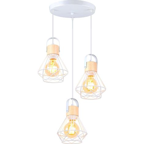 3 Lampes Suspension Luminaire Industrielle, 16CM Vintage Lustre Suspension en Fer et Bois Rétro Cage Design Blanc E27 Plafonnier pour Salon Chambre Cuisine Salle à Manger (Type Assiette) (1/5)