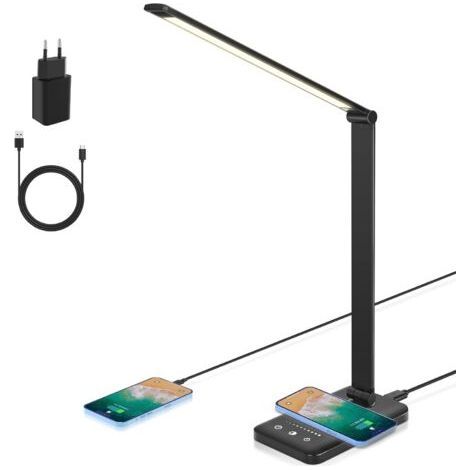 Lámpara de escritorio LED, lámpara de mesa regulable con carga inalámbrica, 7,5 W y puerto de carga USB, lámpara de lectura que protege la vista, 5 niveles de brillo, 5 colores [Clase energética F] (1/5)