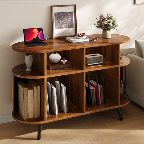 Mueble vinilo Hi-Fi 110x40x76 cm con gestión de cables, estación de carga, puertas correderas, MDF nogal (1/5)
