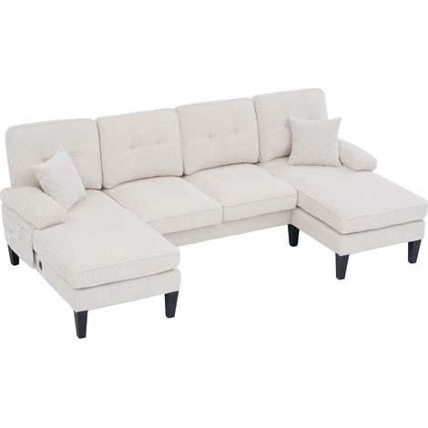 Canapé moderne en U 4 places avec double chaise longue, en tissu côtelé doux, avec rembourrage confortable, dossier moderne et structure robuste. Parfait pour tout type de salon. Beige (1/5)