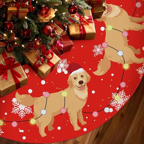 Falda roja para árbol de Navidad adornada con motivos de Golden Retriever y Labrador amarillo. Soporte para árbol de 120 cm. Decoración navideña de invierno. (1/5)