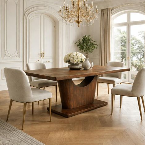 Table à manger bois foncé pied central ouvert 200 cm ARCANA (1/4)