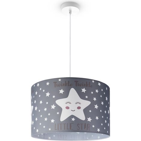 Paco Home Deckenlampe Kinderzimmer Pendelleuchte Baby Lampenschirm Stoff Rund Sterne Pendelleuchte - Weiß, Design 3 (Ø45,5 cm)