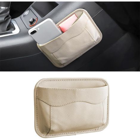 Organizador lateral para asiento de coche, mini organizador de cuero, bolsa de almacenamiento lateral para coches, para organizar documentos, archivos, teléfono, llaves, monedas (beige) (1/3)