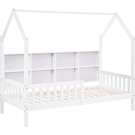 Lit cabane pour enfant avec bibliothèque multifonctionnelle, grille de rangement, armoire, étagère de rangement et deux grands tiroirs avec espace de rangement et forme de cheminée 90x200 blanc(OLD SK (1/5)